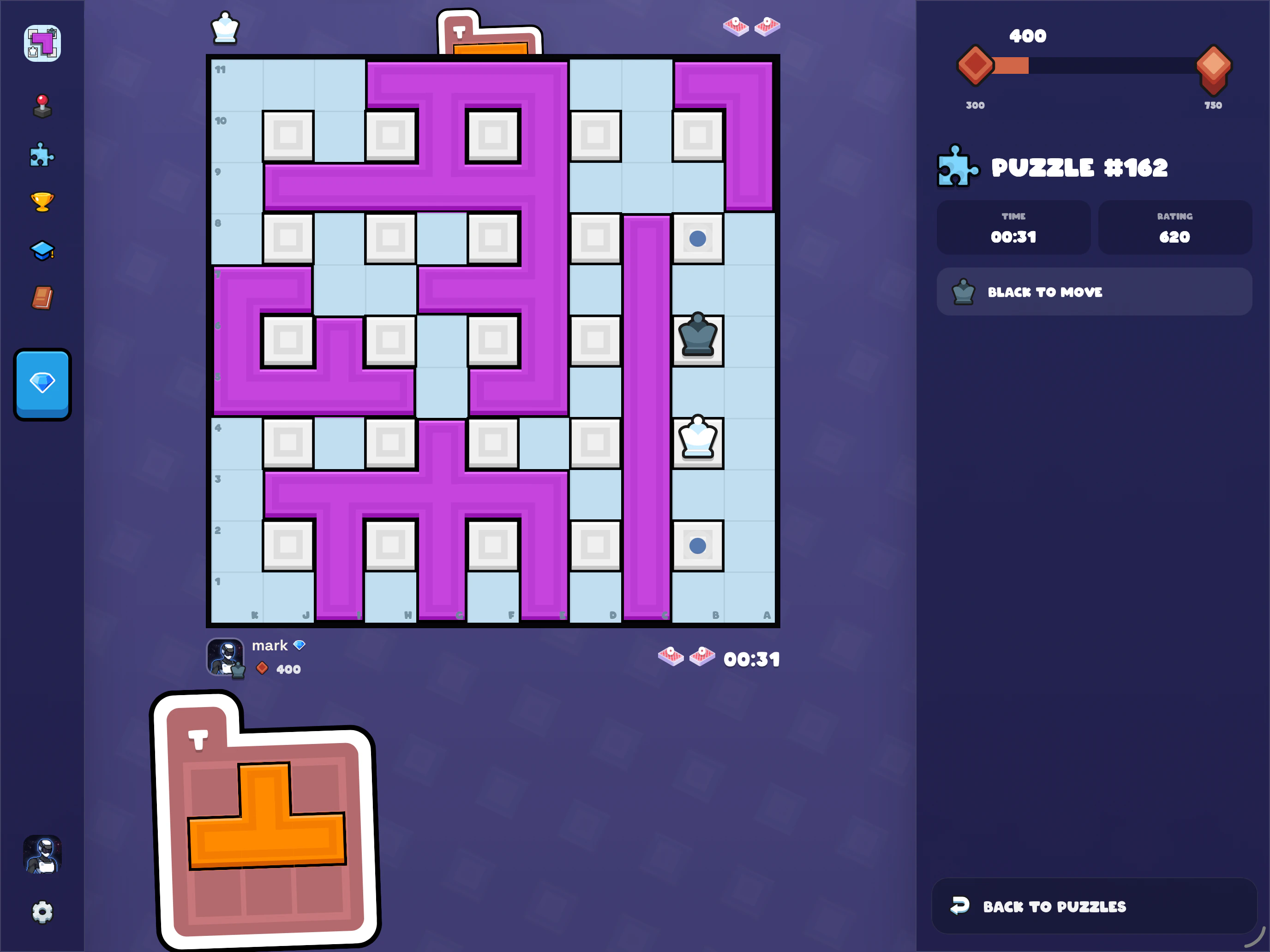 Blockblock puzzle mode on iPad with a puzzle board and rating panel.