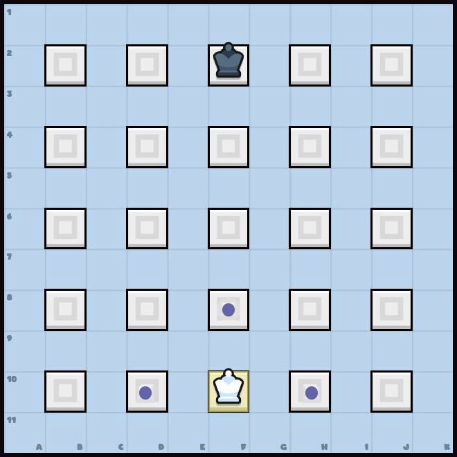 A real gameboard with White's legal forward, left, and right destinations highlighted.